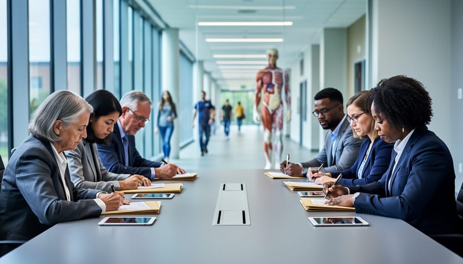 Diverse medical school admissions panel at a conference table examining tablets and plain folders under soft daylight, with a blurred campus corridor and anatomical model visible through glass behind them.