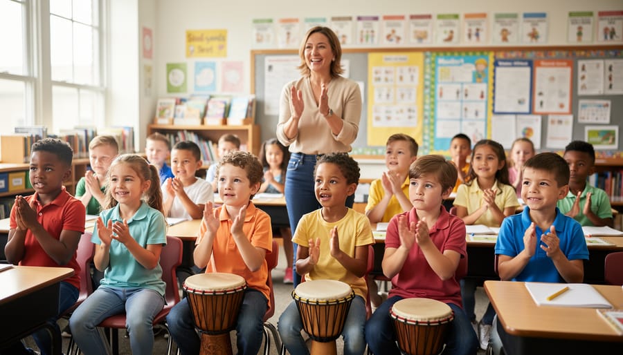 Teacher leading diverse elementary students clapping rhythms with small hand drums in a sunlit classroom, sharp focus on engaged faces and hands, blurred posters and shelves in the background.