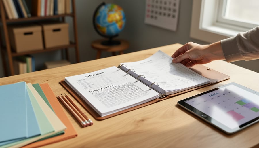 Organized homeschool records on a wooden desk with an open binder showing an attendance log and a standardized test bubble sheet, a parent’s hand filing a page, color-coded folders, pencil, and a tablet with a blurred calendar; bookshelf and globe softly blurred in the background.