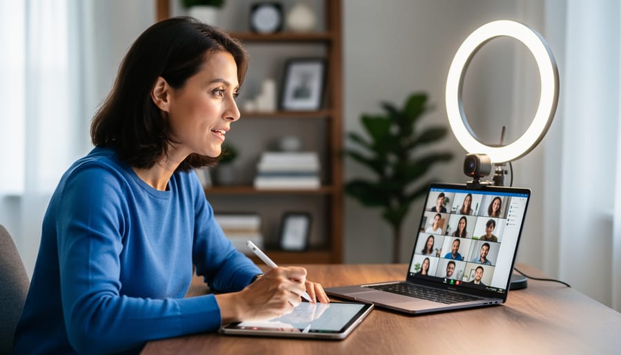 Online teacher at home desk speaking to a webcam, viewing a laptop grid of student video tiles and using a stylus, with soft daylight and a blurred bookshelf background, no visible text.