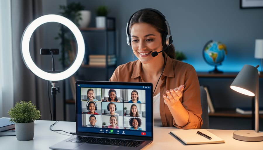 Woman teaching English online from a home desk, wearing a headset beside a ring light, with a laptop displaying multiple student video tiles; shelves, plants, and a globe softly blurred in the background under natural daylight.
