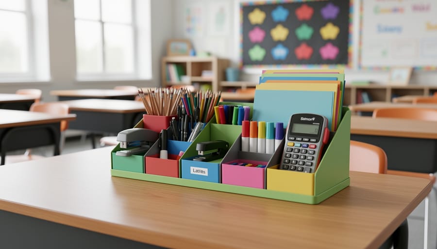 Neatly arranged teacher’s desk with pencils, pens, dry-erase markers, stapler, three-hole punch, folders, a label maker, and storage bins in soft natural light, with blurred student desks, colorful bulletin board shapes, and shelves in the background.
