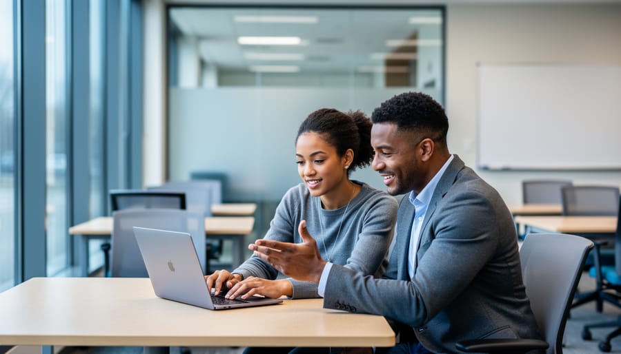 College student meeting with a faculty mentor at a laptop in a modern learning center, soft daylight and blurred tutoring spaces in the background.