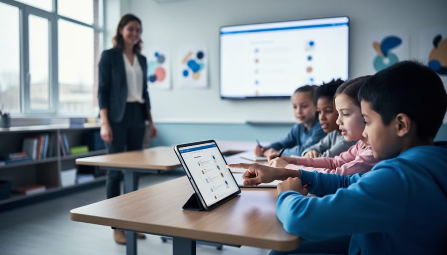 Teacher uses a tablet mirrored to a large display while students work together at a shared table in a bright, tidy classroom; eye-level shot with shallow depth of field, no visible text on screens.
