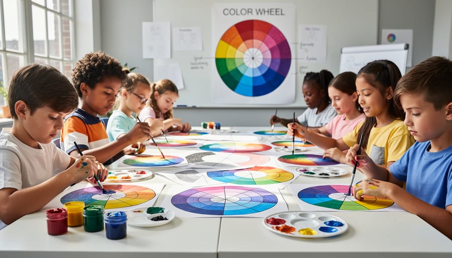 Student-created color wheel painting showing primary, secondary, and tertiary color relationships