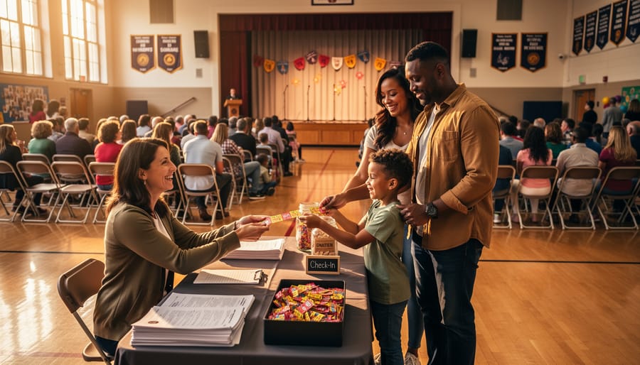 Teacher at a check-in table hands raffle tickets to an arriving family at a school fundraiser, with rows of chairs filling and a performance stage visible in a warm-lit gymnasium.