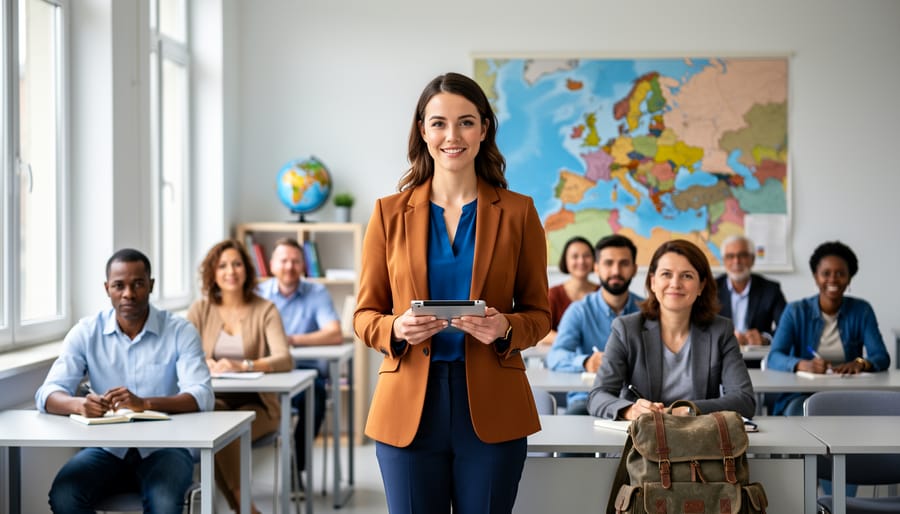 Confident English teacher leading a diverse adult class in a bright modern classroom, with a globe and map in the background and a travel backpack by a desk, lit by soft natural daylight
