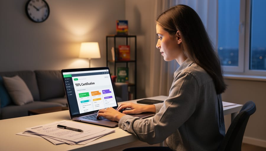 Overhead view of person studying TEFL certification course on laptop at home desk