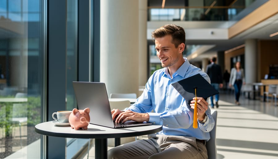 Young professional in business casual working on a laptop at a sunlit table, holding a graduation cap with a piggy bank nearby; blurred campus-office atrium in the background.
