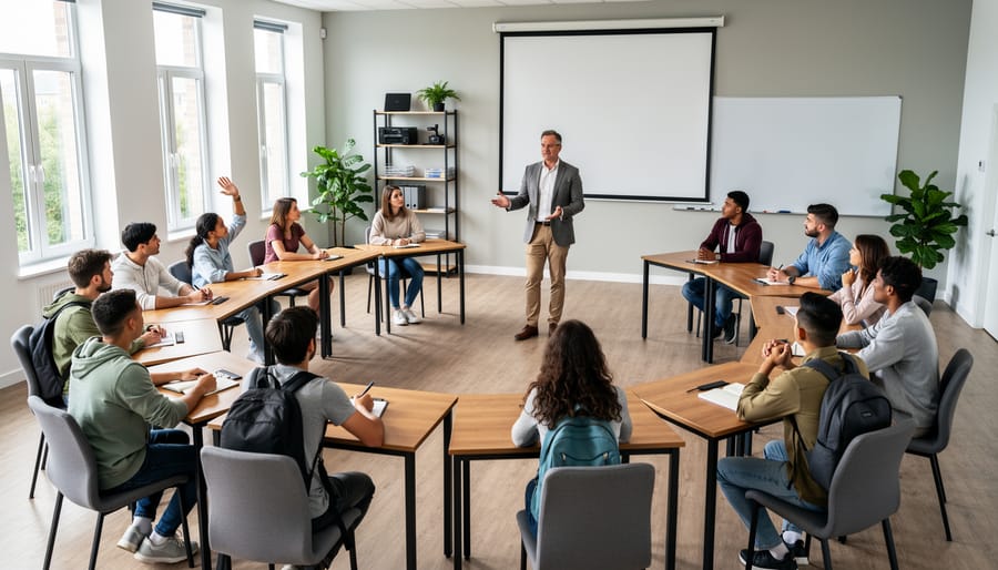 Slightly elevated wide view of a modern classroom with desks in a U-shaped layout, a teacher in the open center engaging a diverse group of students, natural light from side windows, with a whiteboard, projector screen, and shelves in the background.