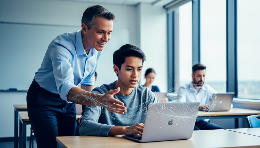 Educator and student working at a laptop with soft daylight, abstract light trails floating above the screen to symbolize learning algorithms, blurred classmates and blank whiteboard in the background
