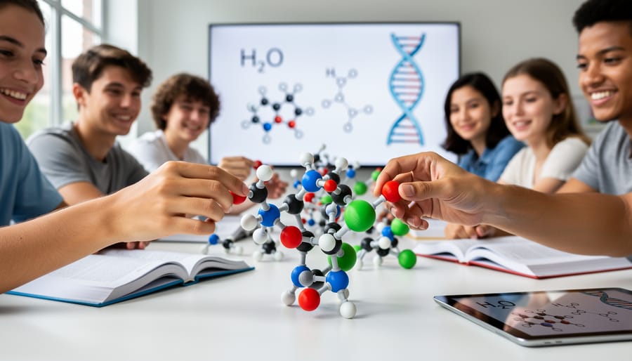 Student hands holding colorful 3D-printed molecular structure model
