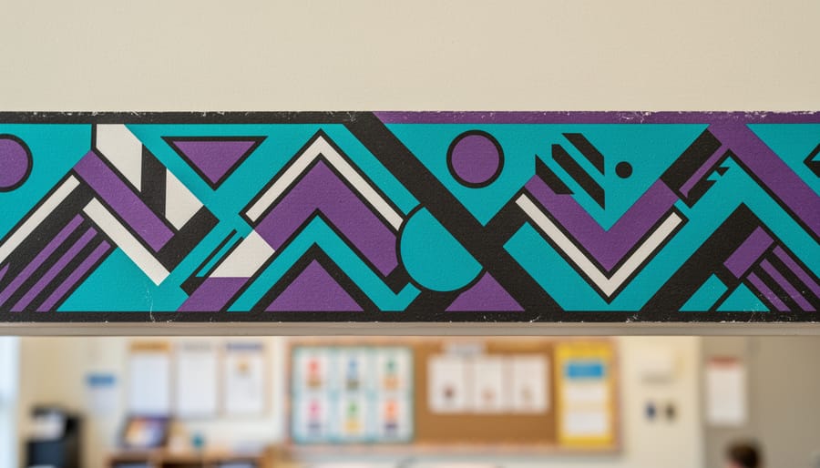 1990s classroom wall with colorful teal and purple geometric border framing bulletin board