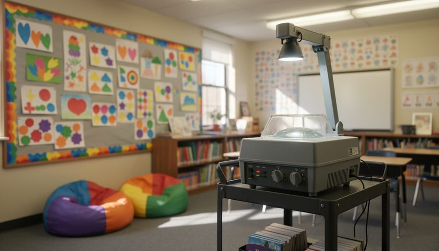 Eye-level photo of a 1990s classroom with an overhead projector on a rolling cart, rainbow-bordered bulletin board with student art shapes, and a beanbag reading nook, with blurred bookshelves and a blank whiteboard under warm, diffused lighting.