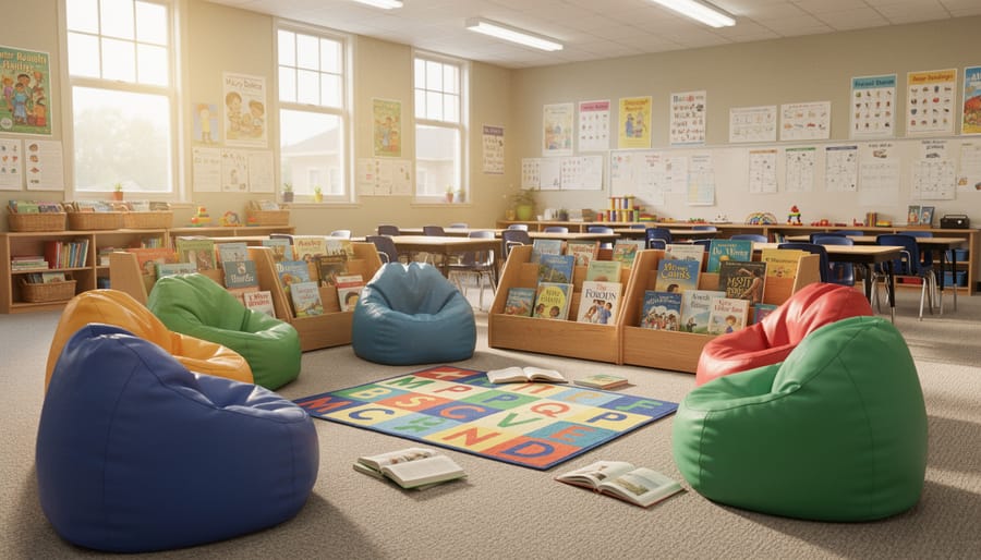 1990s classroom reading corner featuring colorful bean bag chairs, bookshelf, and storage bins