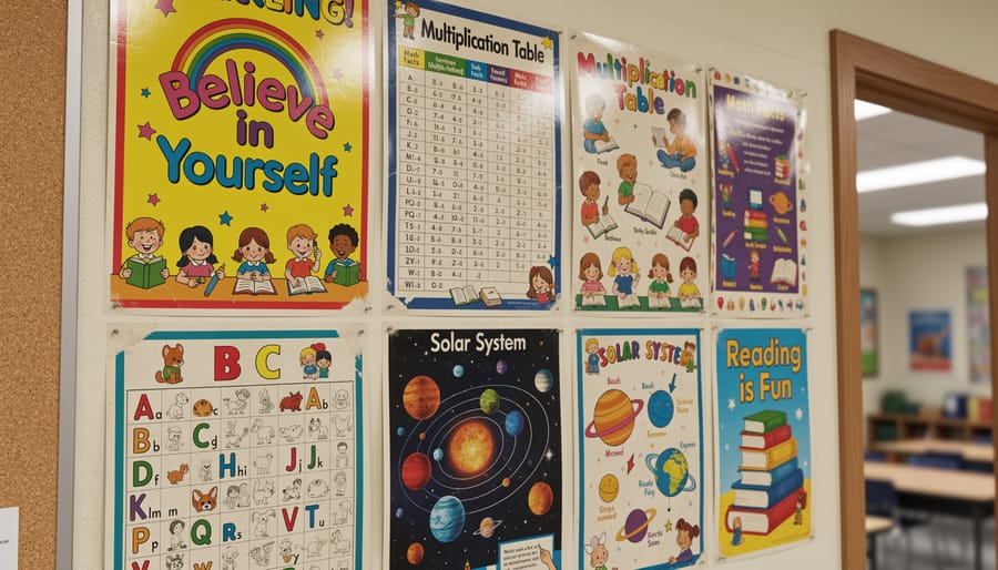Collection of 1990s educational posters including alphabet chart and motivational reading posters on classroom wall