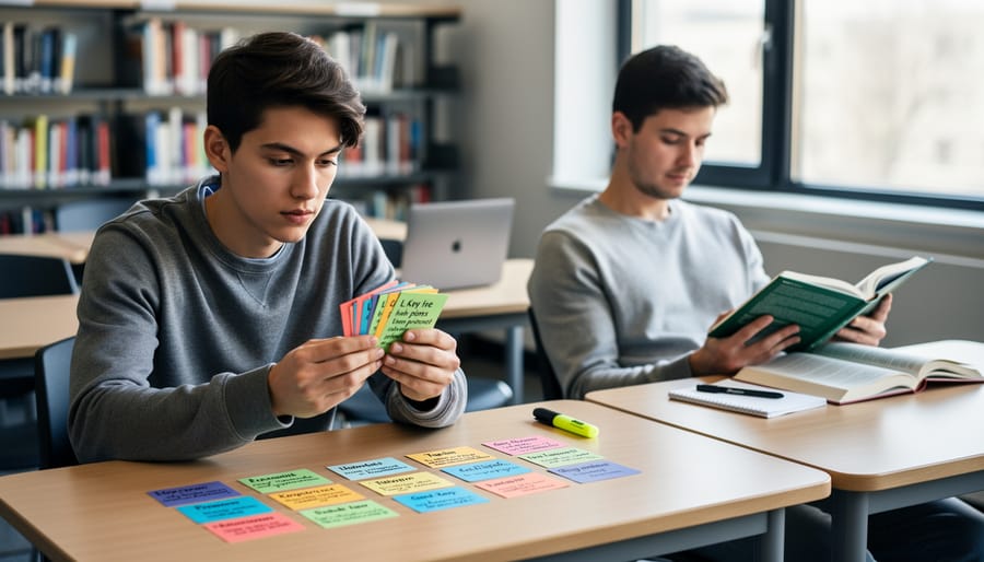Student using flashcards for active recall study method at library table