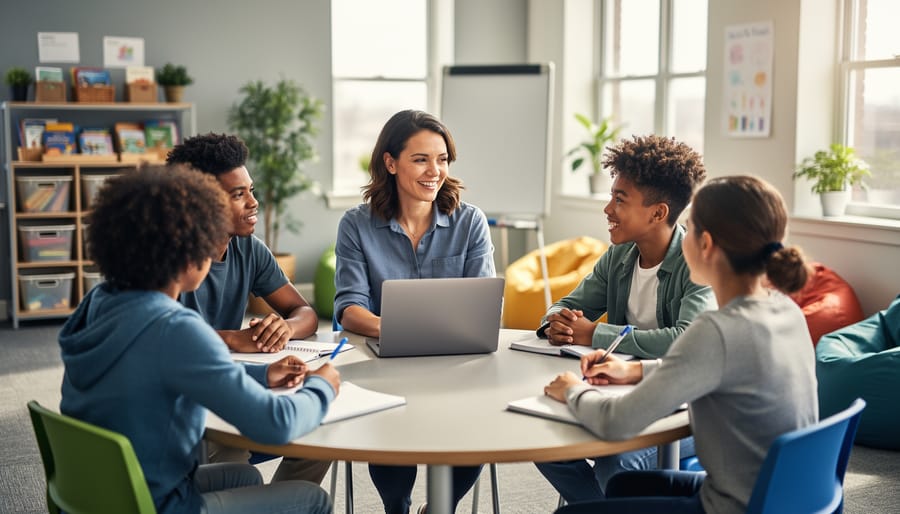 Teacher mentoring a small, diverse group of teens around a round table in a bright classroom, with natural light, plants, a blank whiteboard, and soft seating in the background.