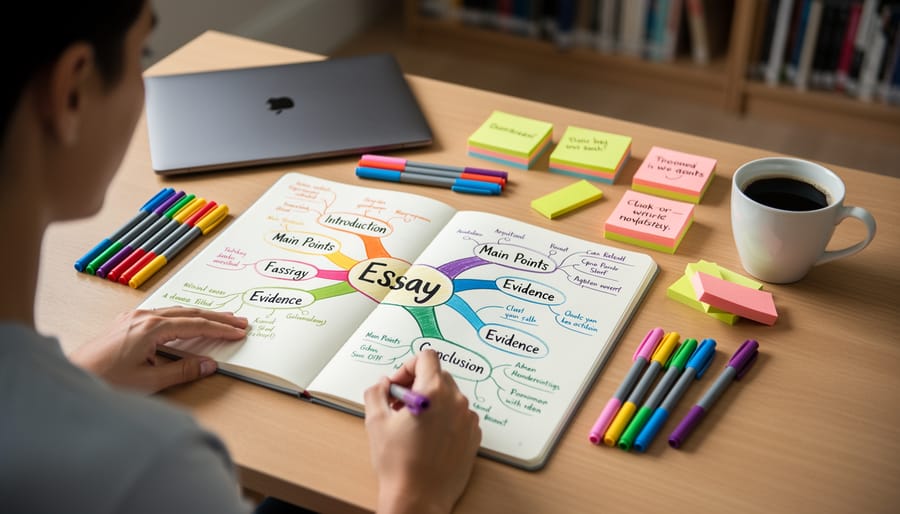 Close-up of hands creating a colorful mind map with markers on paper