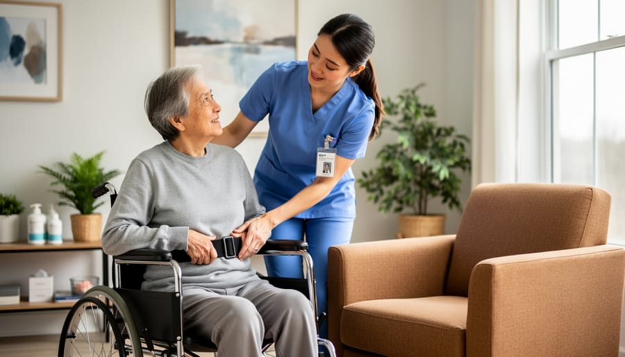Nurse instructor guiding a family caregiver with a gait belt to help an older adult transfer from a wheelchair to an armchair in a bright living room with soft natural light.