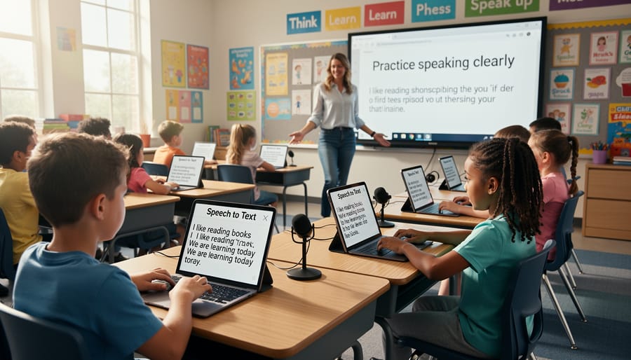 Elementary student using tablet with speech-to-text software in bright classroom