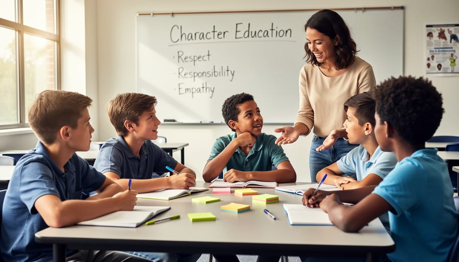 Diverse group of elementary students and teacher sitting together in circle discussion on classroom floor