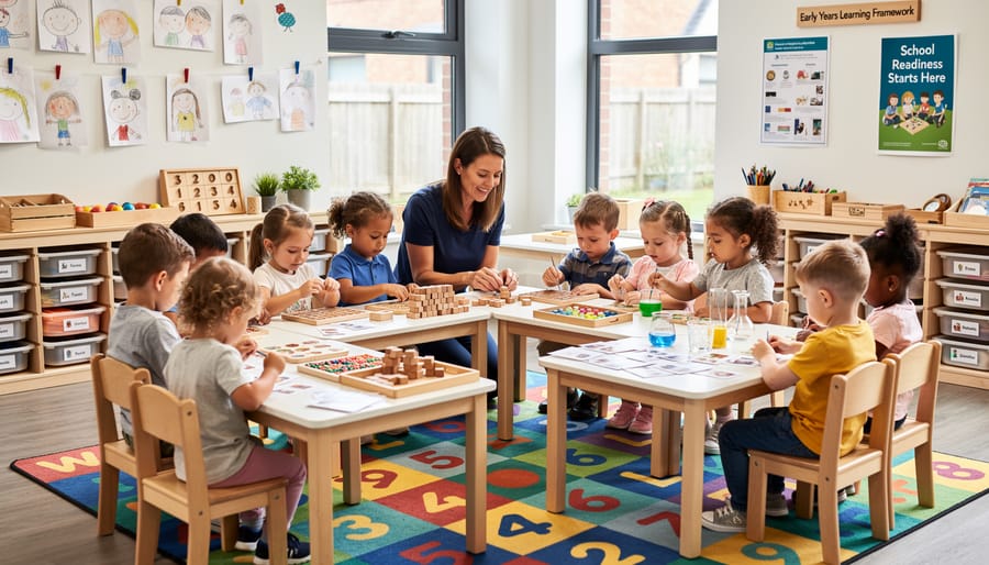 Child's hands working with colorful educational materials and blocks on table