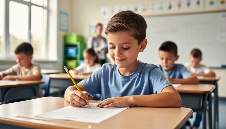 Elementary-aged child at a classroom desk, pencil in hand, calmly focusing on a test paper with no visible text while classmates and a teacher are softly blurred in the background under natural daylight.
