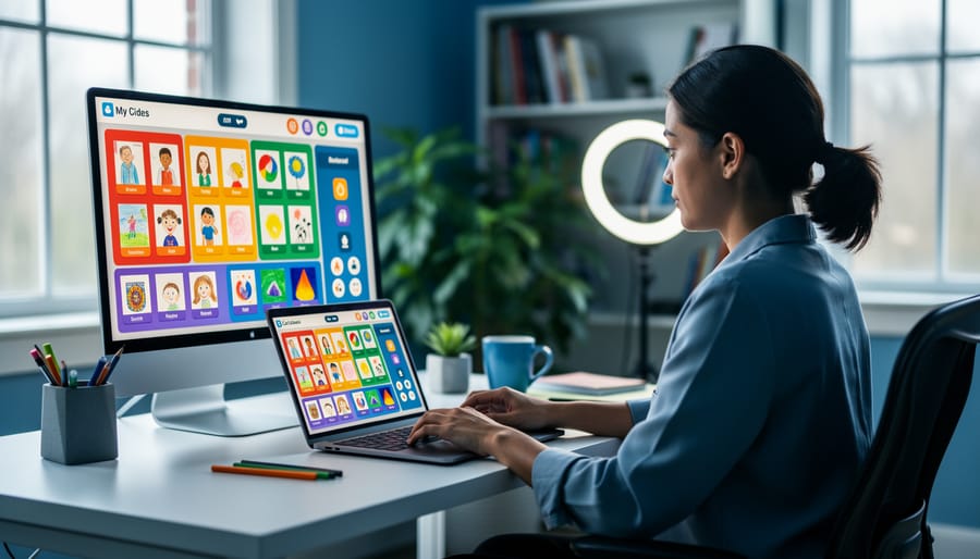 Teacher at a home desk viewing a large monitor that displays a colorful, organized virtual classroom wall with visual zones and student artwork thumbnails, softly lit by daylight with a blurred bookshelf, plant, and ring light in the background.