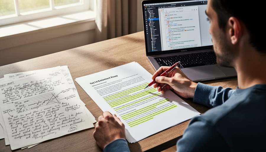Student reviewing and editing essay draft with red pen at library table