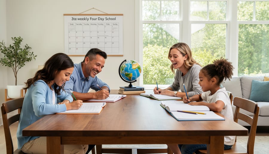 Family homeschooling together at kitchen table with books and learning materials