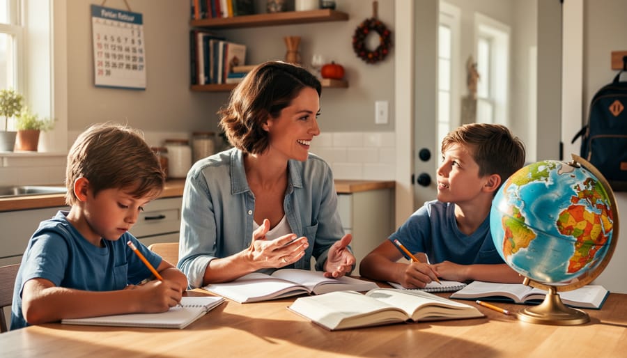 Parent teaching two children at a sunlit kitchen table with books, notebooks, and a globe, with a softly blurred wall calendar, bookshelf, and backpack in the background.