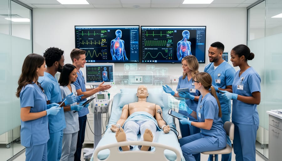 Group of nurses collaborating with digital tablet in modern hospital setting