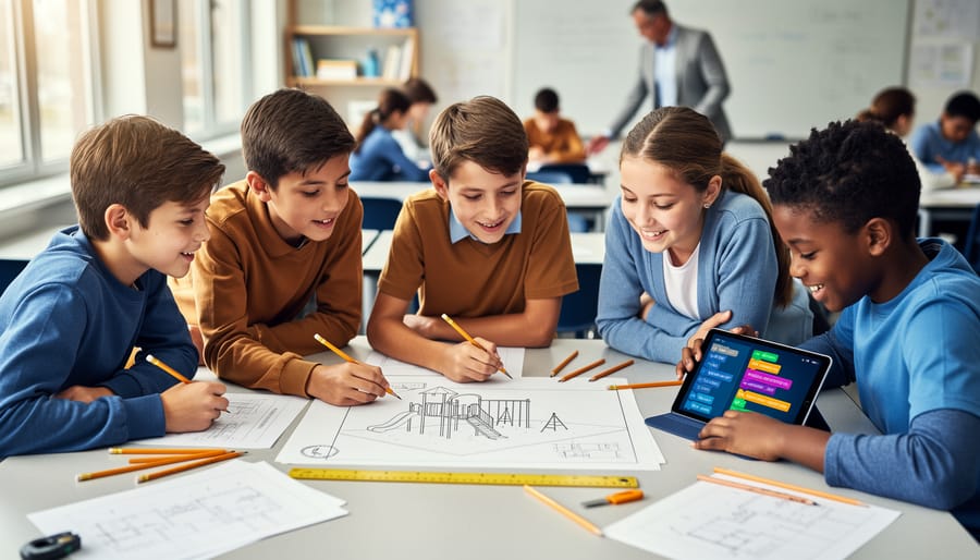 Five diverse middle school students collaborate at a classroom table, measuring a hand-drawn playground sketch with rulers and a tape measure while papers and pencils are spread out; soft daylight and a blurred teacher with other groups are visible in the background.