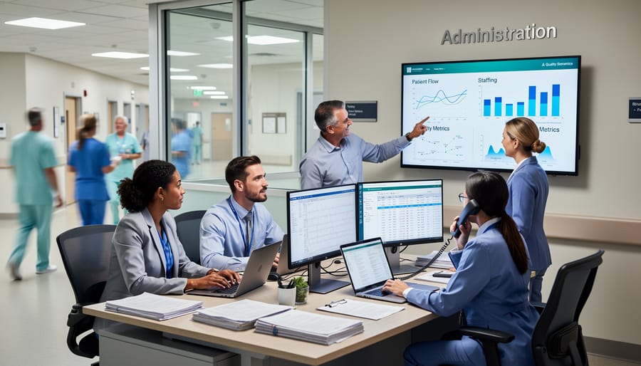 Healthcare administrators collaborating in modern hospital office setting