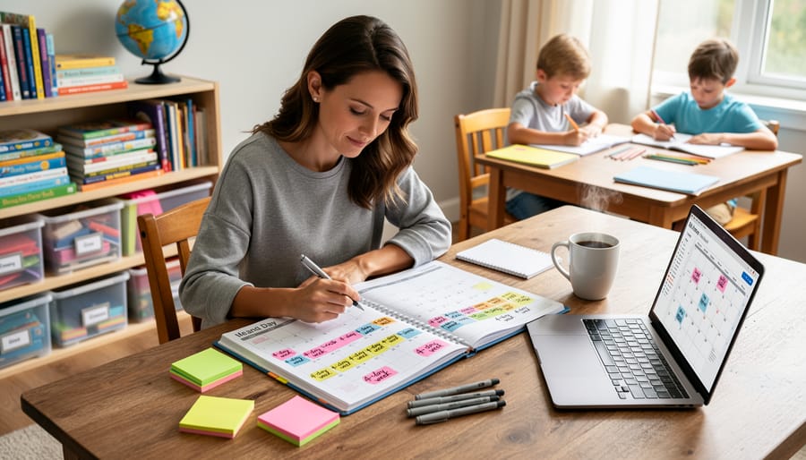 Homeschool planner with calendar and coffee cup on organized desk