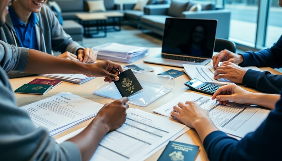 Diverse international students at a wooden table organizing passports, bank statements, and clear folders with a laptop and calculator under soft window light in a campus lounge; no readable text visible.