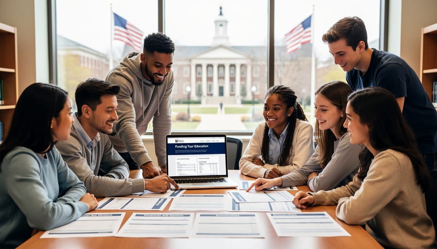 International students reviewing financial aid documents together on university campus