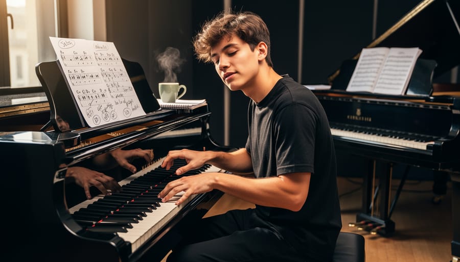 Close-up of pianist's hands playing jazz chords on piano keys