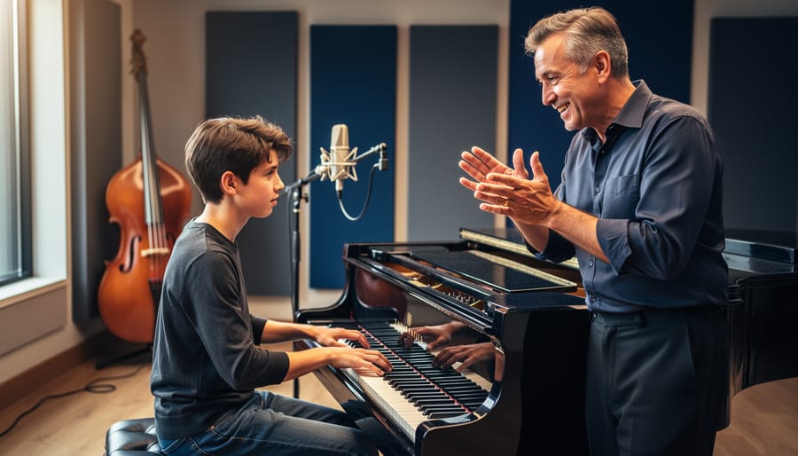Student improvising at an upright piano while an instructor claps a swing rhythm beside them, warm side lighting, hands and keys in sharp focus with a blurred upright bass and microphone in the background.