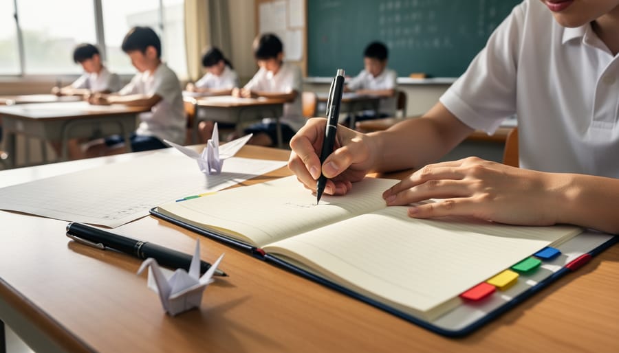 Overhead medium close-up of student hands writing in a notebook divided by four colored tabs, with genkō yōshi paper, a brush pen, and an origami crane on a wooden desk; softly blurred classroom in the background