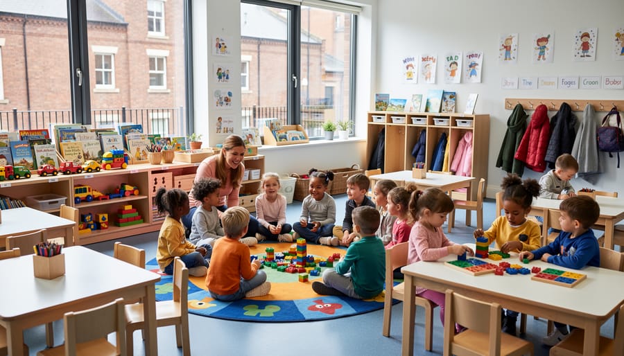 Diverse group of preschool children sitting in circle with educator during learning activity