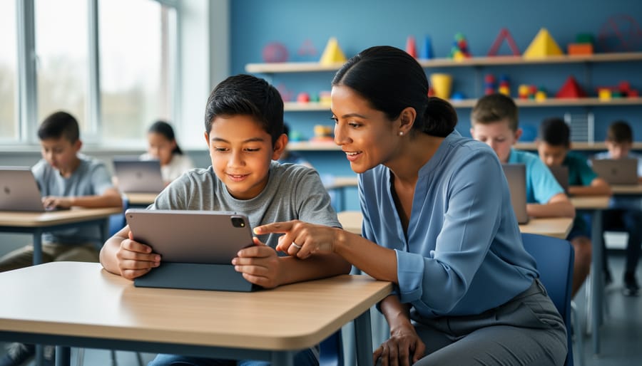 Math teacher kneeling beside a middle-school student using a tablet at a classroom desk, daylight softly illuminating them, with other students on devices and colorful geometric manipulatives blurred in the background.
