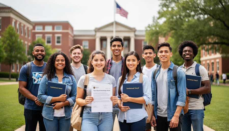 Scholarship award documents on desk with university campus visible in background