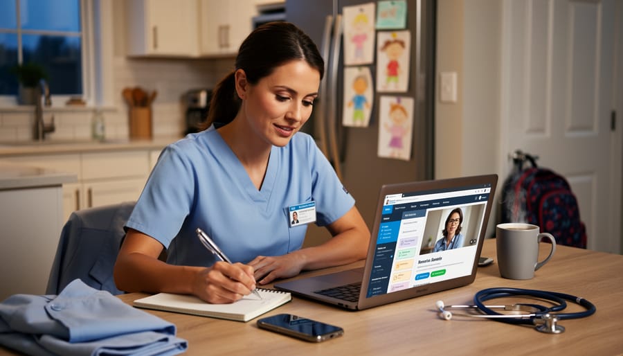 Nurse studying on laptop at home in the evening