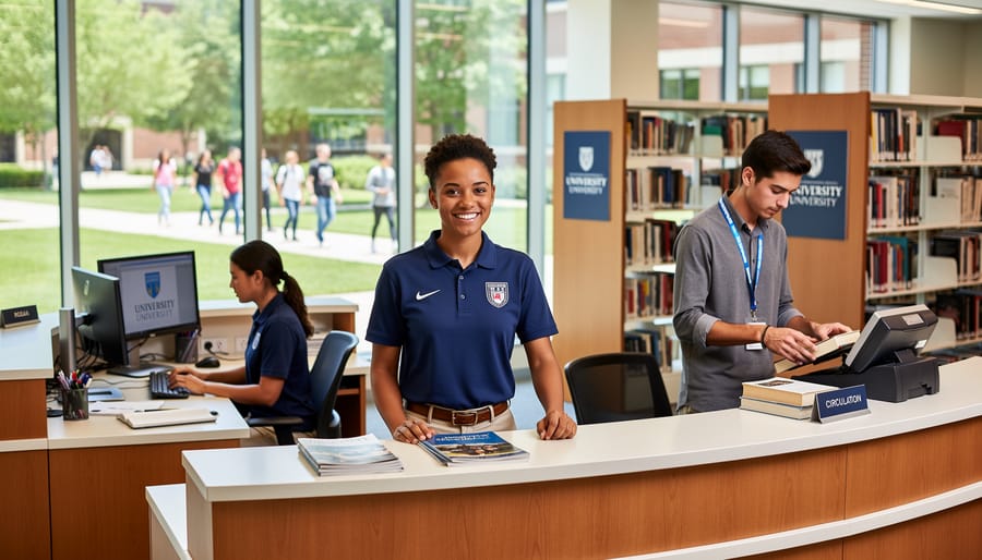 International student working on-campus job at university library desk