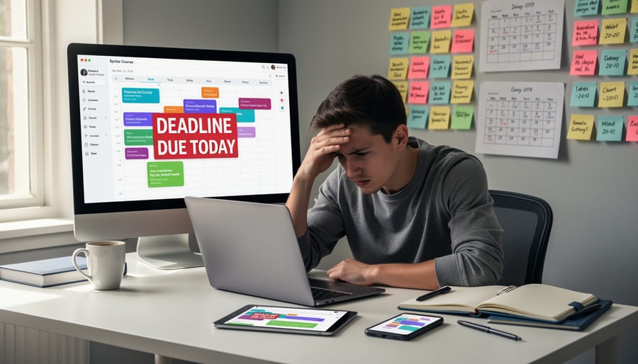 Student looking stressed while working at cluttered desk with laptop and papers