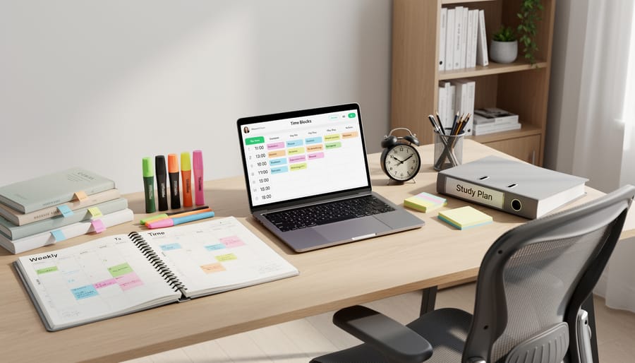 Overhead view of organized study desk with textbooks, planner, laptop and student's hands writing