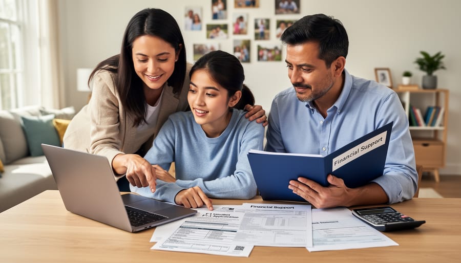 Parent and student working together on visa application materials at home