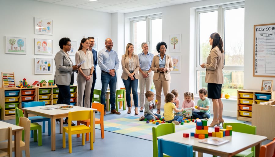 Parent and child walking hand-in-hand while touring childcare center classroom